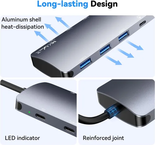 Vista 7 de Hub USB C de 10 Gbps, divisor USB C con salida de video 4K a 60 Hz, carga PD de 100 W, transferencia de datos, extensor adaptador USB 4 multipuerto