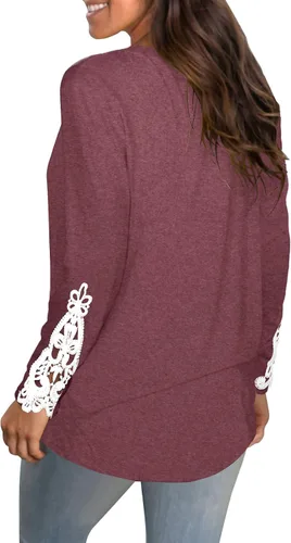 Vista 4 de WIHOLL Camisetas Henley de manga larga con cuello redondo y botones de encaje para mujer