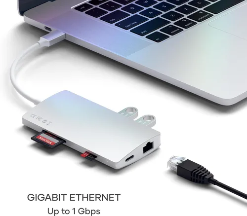 Vista 3 de Satechi Adaptador multipuerto USB C Hub 8 en 1 V2, 4K HDMI, carga USB C PD de 115 W, 3 USB-A, Ethernet, lectores de tarjetas Micro/SD, para laptop
