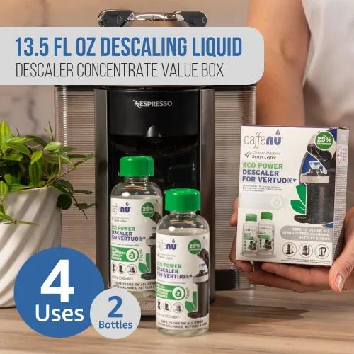 Vista 7 de Kit de descalcificación y limpieza compatible con Nespresso. 2 botellas de solución descalcificadora Nespresso Vertuo. 4 cápsulas de limpieza