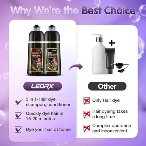 Vista 7 de Leorx Champú 3 en 1 para teñir el cabello marrón, color para refrescar el cabello, coloración herbaria instantánea para mujeres y hombres, 16.9