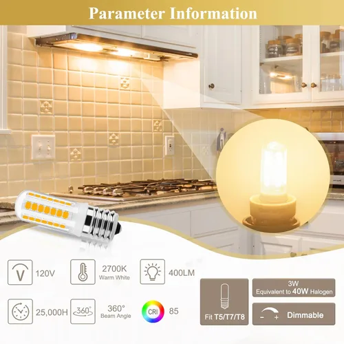 Vista 2 de DiCUNO Bombilla LED E17 regulable, bombillas para horno de microondas, 2700 K blanco cálido, 3 W (reemplazo incandescente de 40 W), 400 lm, 120 V