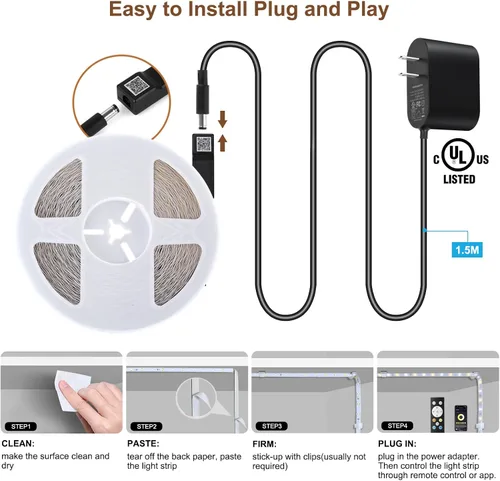 Vista 7 de Wefomey Tira de luces LED blancas, luz de cinta flexible regulable brillante de 24 V con control remoto y aplicación, fuente de alimentación