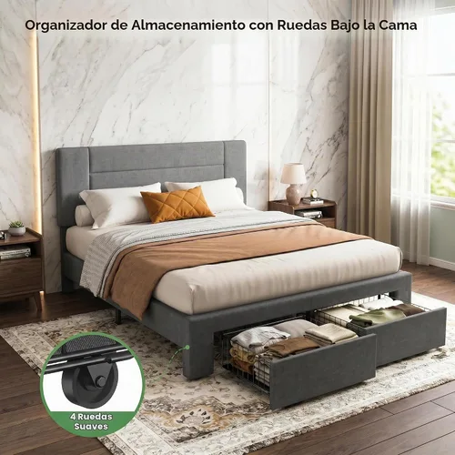 Vista 5 de Marsail Base de cama tapizada de tamaño matrimonial con 2 cajones de almacenamiento, cabecera ajustable, se adapta a colchones de 6 a 12 pulgadas