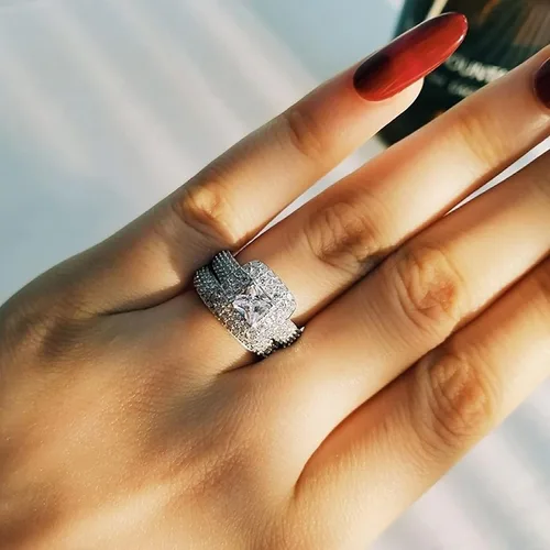 Vista 5 de Juego de 2 piezas de diamantes cuadrados de princesa para parejas, anillos de moda, joyería de compromiso de boda para mujer