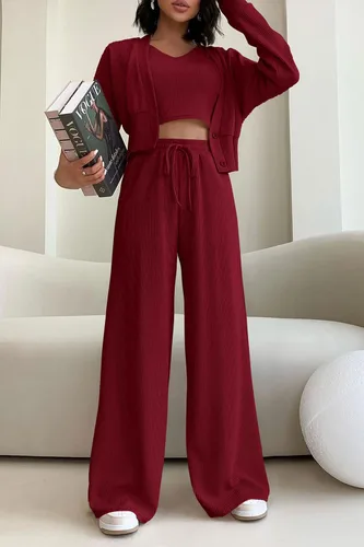 Vista 6 de PRETTYGARDEN Trajes de 3 piezas para mujer, conjuntos a juego, cárdigan de punto acanalado, camisetas sin mangas, pantalones de pierna ancha