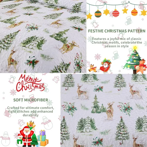 Vista 4 de DJY Juego de edredón navideño tamaño queen, patrón de renos y árboles de Navidad, juego de ropa de cama navideña, suave microfibra verde y blanco