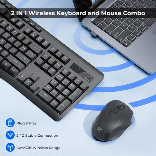 Vista 2 de Redragon Combo de teclado y mouse inalámbrico, teclado de computadora ergonómico de tamaño completo de 2.4G y mouse inalámbrico ajustable de 5