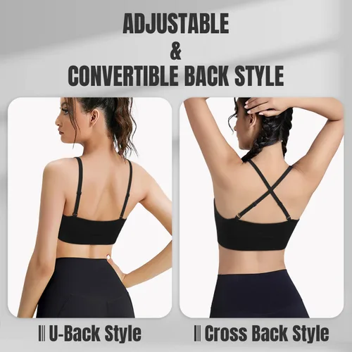 Vista 4 de VEQKING Sujetador deportivo para mujer, tirantes delgados ajustables, cuello cuadrado, sin costuras, para entrenamiento, yoga, bralette con copas