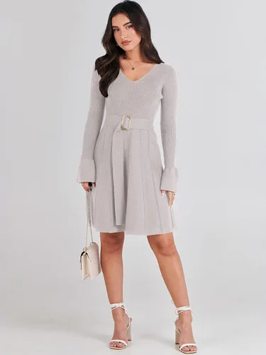 Vista 6 de ANRABESS Vestido tipo suéter de manga larga con cuello en V y lazo en la cintura, plisado, acampanado, elegante, de punto acanalado, vestido midi