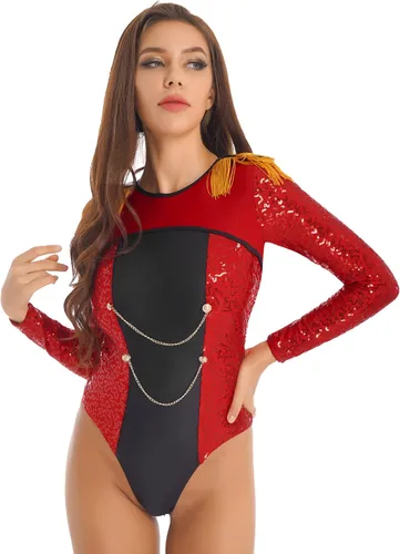 Vista 2 de YUUMIN Disfraz de Circus Ringmaster de manga larga con borlas y leotardo rojo para mujer