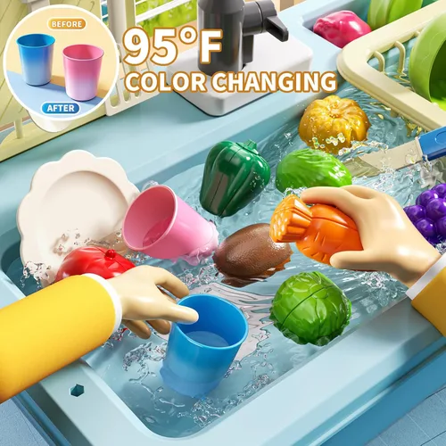 Vista 3 de JUKUDAHU - Lavaplatos de juguete con agua corriente, juguetes de cocina con fregadero para niños de 3, 4, 5, 6 y 7 años de edad, lavavajillas