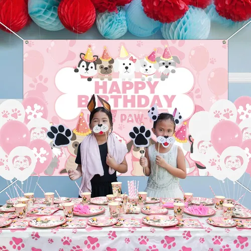 Vista 9 de KEFAN Suministros de fiesta de perro, vajilla de cumpleaños de pata de perro rosa, incluye platos de perro rosa, vasos, servilletas, mantel, telón