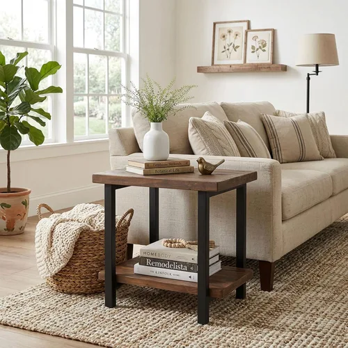 Vista 7 de Alaterre Furniture Pomona - Mesa auxiliar de madera maciza de 2 niveles con acabado natural y patas de metal, decoración moderna de granja