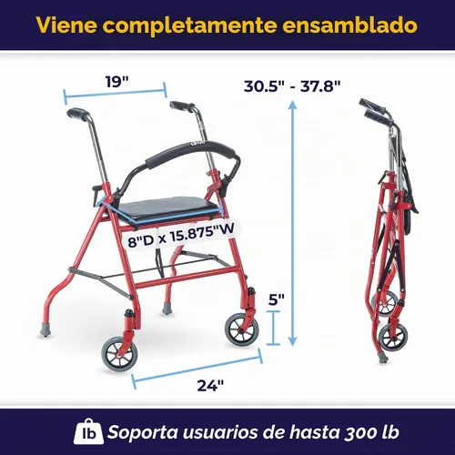 Vista 4 de Andador de dos ruedas con asiento, de Drive Medical, 1239RD, Universal, Rojo, 1, 1