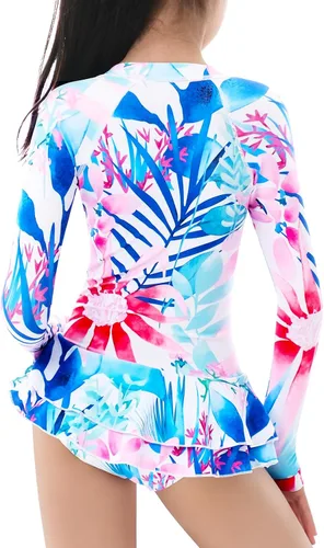 Vista 4 de Rashguard de manga larga para niñas, traje de baño de una pieza con protección UV