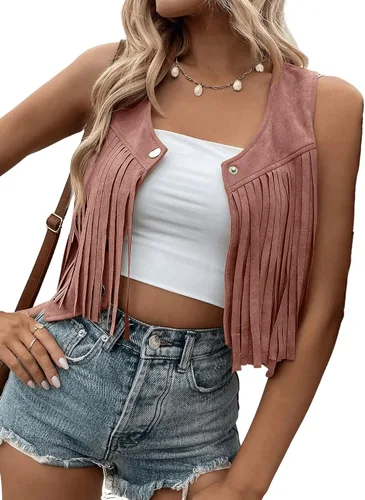 Vista 5 de SweatyRocks Chaleco corto sin mangas con flecos de gamuza para mujer, chaqueta con botones frontales