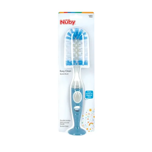 Vista 7 de Nuby Cepillo para botella de cerdas suaves y duraderas con asas texturizadas y base de succión, sistema 2 en 1, color azul