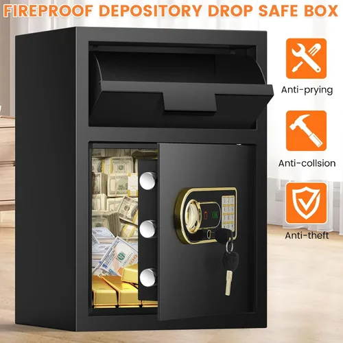Vista 4 de Caja fuerte de 2.8 pulgadas cúbicas para negocios, con ranura antirrobo para dinero con cerradura de combinación digital y llaves de repuesto, caja