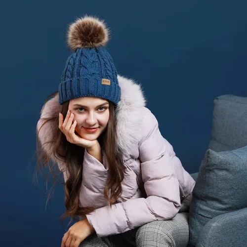 Vista 5 de Redess Gorro de invierno con pompón y forro polar cálido, grueso y holgado, tejido, para la nieve, para esquiar, para mujer Beige