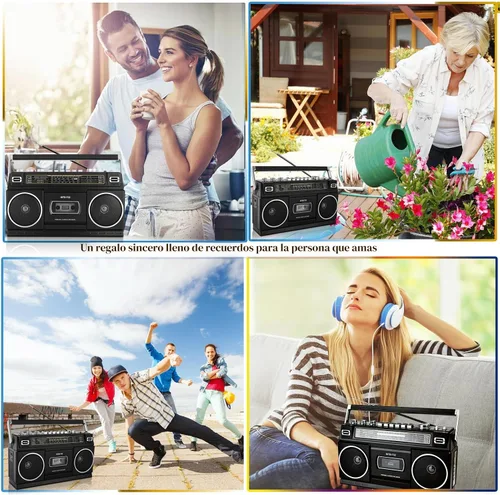 Vista 9 de Boombox portátil estilo retro clásico de los años 80 con reproductor grabador de casete, radio AM/FM/SW1/SW2, Bluetooth, ranuras USB/Micro SD