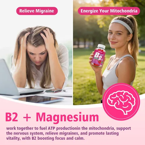 Vista 4 de Gomitas de vitamina B2 de 400 mg Suplemento de riboflavina con magnesio para niños y adultos, gomitas B2 para aliviar la migraña, el sistema
