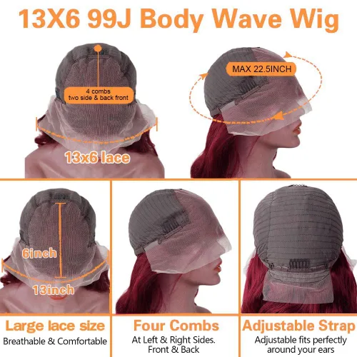 Vista 5 de Pelucas de encaje frontal 99j burdeo onduladas con cabello humano pre-arrancadas 13x6 para mujeres negras, onda corporal, sin pegamento, nudos 99j