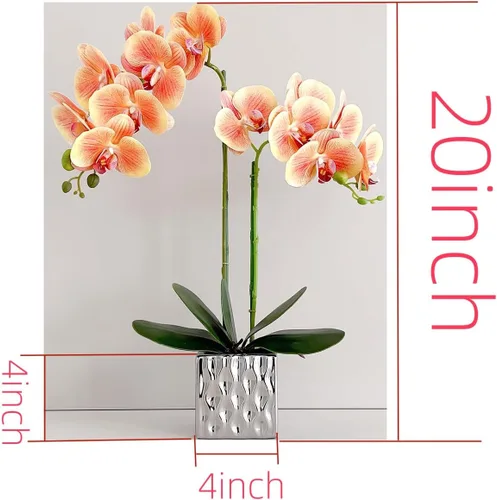 Vista 4 de Orquídeas artificiales Floreros de plata, orquídeas artificiales, orquídea naranja, altura 20 pulgadas
