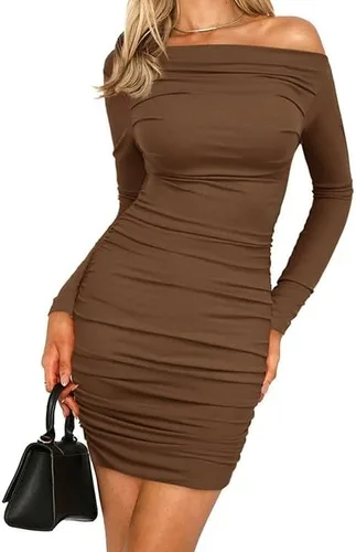 Vista 4 de ONDIAN Women's Off Shoulder Ruched Long Sleeve Bodycon Dress Slim Fit Club Party Mini Short Dresses Outfits Cocktail