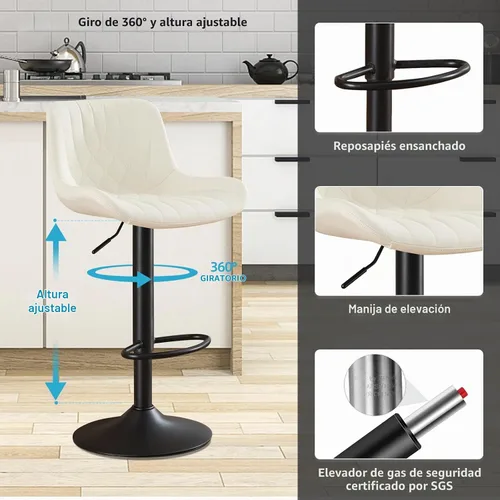 Vista 6 de Juego de 2 taburetes de bar modernos, taburetes de bar de cocina giratorios ajustables con respaldo, asientos acolchados de piel sintética, sillas