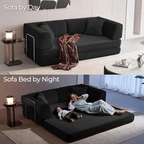 Vista 6 de LINSY Home Sofá cama convertible de 79 pulgadas, sofás de pana 4 en 1 sin hueso para sala de estar, futón plegable tamaño Queen, colchón de suelo