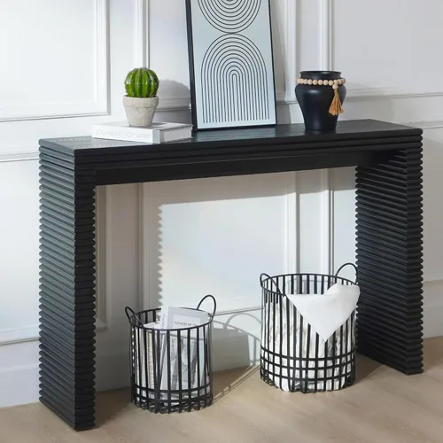 Vista 11 de Mesa consola de madera de 45 pulgadas para mesa de entrada, consola minimalista estrecha retro de granja con madera de mango maciza, mesas de sofá