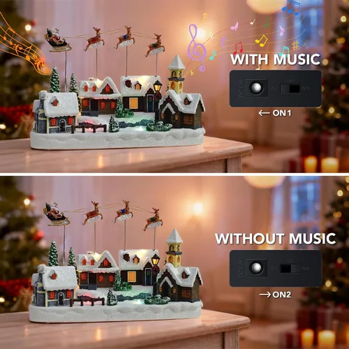 Vista 4 de Aldea de Navidad, coloridas escenas animadas con trineo de renos de Papá Noel, casas musicales de pueblo navideño, edificio coleccionable