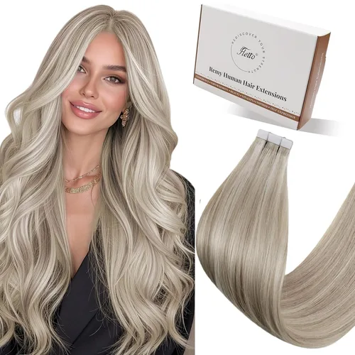 Vista 11 de 【Descuento】Hetto - Extensiones de cabello con cinta adhesiva, 40g, extensiones de cabello humano, color rubio ceniza oscuro degradado a rubio medio