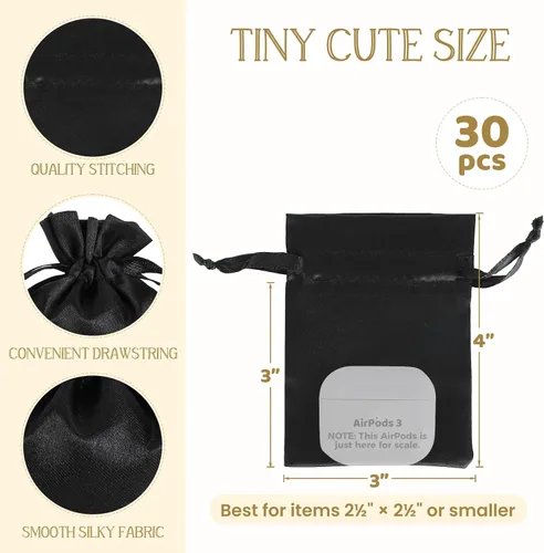 Vista 2 de Bolsas de regalo pequeñas de satén negro, 30 unidades de 3 x 4 con cordón, para aula de niños, boda, cumpleaños, graduación, recuerdos de fiesta