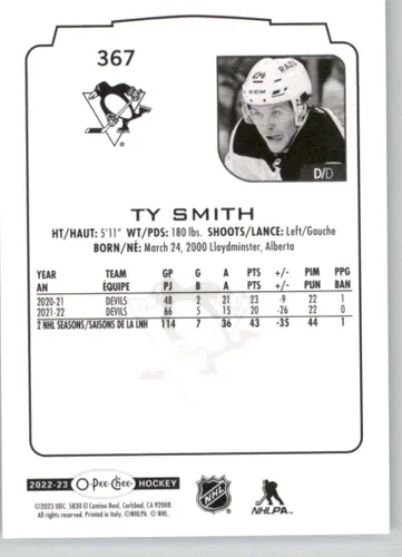 Vista 2 de 2022-23 O-Pee-Chee Hockey #367 Ty Smith New Jersey Devils Official OPC NHL Trading Card made by Upper Deck in Near Mint to Mint Condition