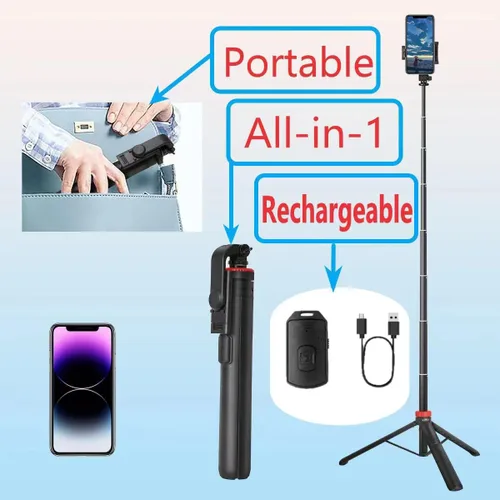 Vista 3 de Trípode de 66 pulgadas para iPhone y cámara, trípode portátil para teléfono con control remoto recargable y soporte giratorio para teléfono, palo