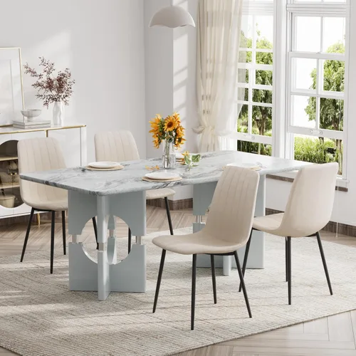 Vista 17 de Moderno juego de mesa rectangular para 4, mesa grande de mármol sintético gris de 71 pulgadas con base de metal con marco hueco, y 4 sillas