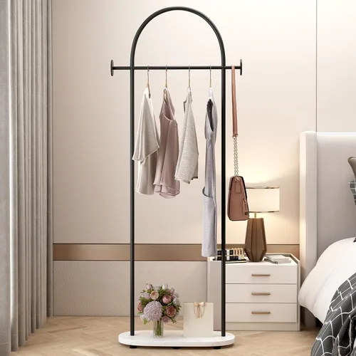 Vista 5 de Percheros de ropa negros, perchero industrial moderno con estante, perchero independiente resistente, soporte de metal con ganchos para oficina