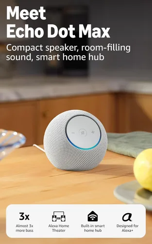 Vista 13 de Amazon Echo Dot Max (modelo más reciente): parlante Alexa con sonido que llena la habitación y graves casi 3 veces más potentes, ideal para salas