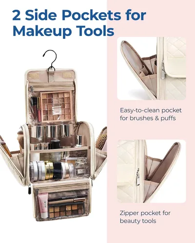 Vista 7 de BAGSMART Neceser de viaje para maquillaje con gancho para colgar, bolsa de cosméticos, organizador de gran capacidad, resistente al agua, para Beige
