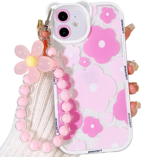 Vista 8 de NITITOP Funda compatible con iPhone 11, funda transparente con diseño de oso floral y cadena de pulsera de flores para mujeres y niñas, funda de TPU