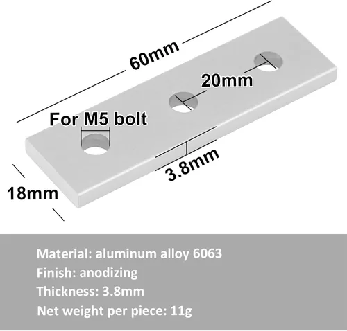 Vista 2 de Placa de unión 2020 de 3 agujeros de 12 piezas, placa de reparación de aluminio para perno M5