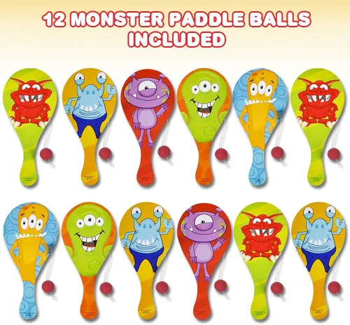 Vista 2 de ArtCreativity Bolas de remo de figuras de monstruo, paquete de 12, 9.25 pulgadas de madera de Paddleball con cuerda, varios colores y diseños