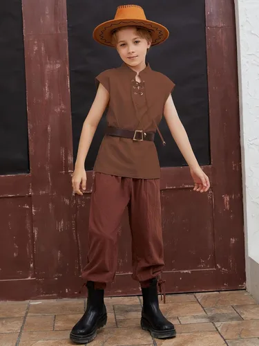 Vista 4 de CharmWM Camisetas sin mangas de pirata renacentista para niños, disfraz vikingo, medieval, con cordones, escocés, Halloween, cosplay, camisetas sin