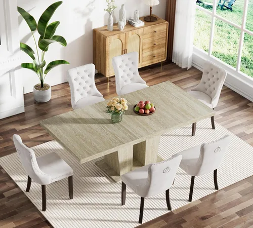 Vista 115 de Juego de mesa de comedor extensible marrón de 63 a 78.74 pulgadas para 4, juego de mesa de comedor de 5 piezas con 4 sillas, mesa de cocina