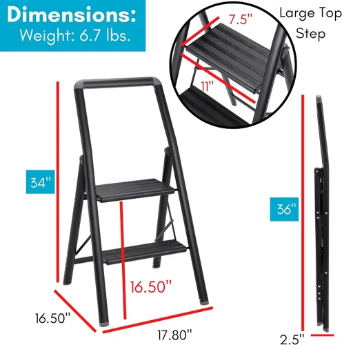 Vista 3 de BIRDROCK HOME Escalera delgada de aluminio de 2 escalones, taburete plegable delgado y resistente, escalones antideslizantes, ideal para tu cocina