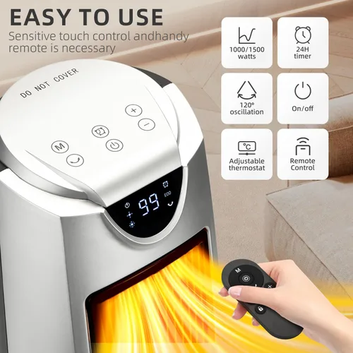 Vista 3 de Uthfy Calentador de espacio para uso en interiores, 1500 W y calentamiento rápido, calentador portátil con control remoto, temporizador de 24 horas