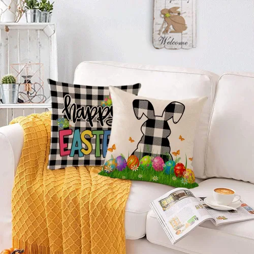 Vista 3 de Juego de 4 fundas de almohada de Pascua de 18 x 18 pulgadas, fundas de almohada decorativas de primavera, fundas de cojín para decoración de sofá al