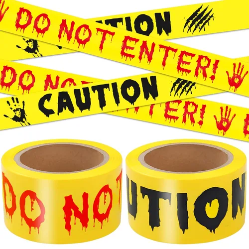 Vista 9 de Cinta de precaución para decoración de Halloween, HAUNTED KEEP OUT rollo de precaución sangriento blanco de escena del crimen de 2 pulgadas x 82